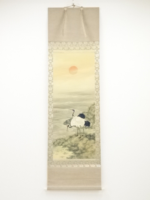 宇田荻邨筆　岩上之鶴　肉筆絹本掛軸（共箱）